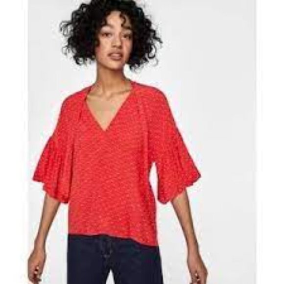 Zara WOMAN Red Patterned  Blouse with Ruffled Flowy Short Sleeves - Picture 1 of 9